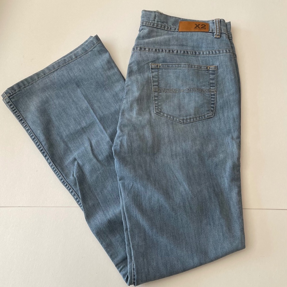 VINTAGE Express X2 Slim Fit Super Low Rise Flare Leg Jeans Womens 4 Short Blue